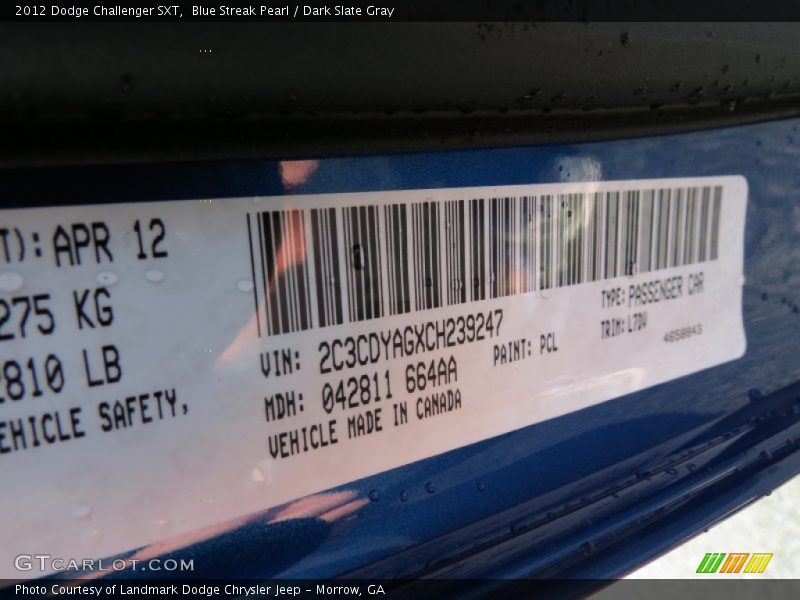 Blue Streak Pearl / Dark Slate Gray 2012 Dodge Challenger SXT