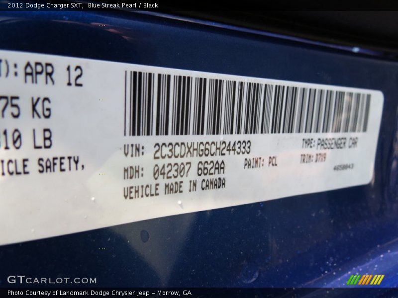 2012 Charger SXT Blue Streak Pearl Color Code PCL