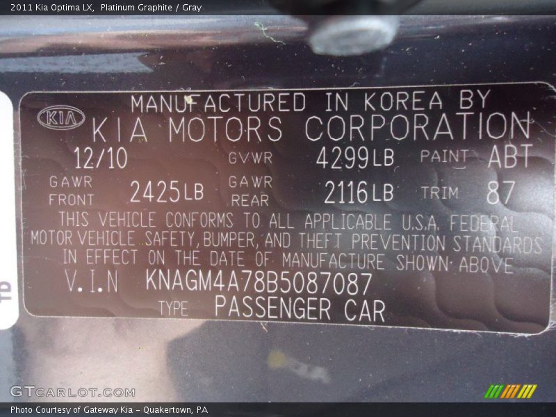 Platinum Graphite / Gray 2011 Kia Optima LX