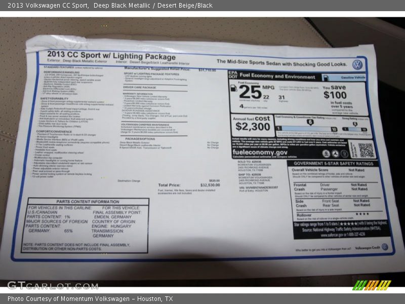 Deep Black Metallic / Desert Beige/Black 2013 Volkswagen CC Sport