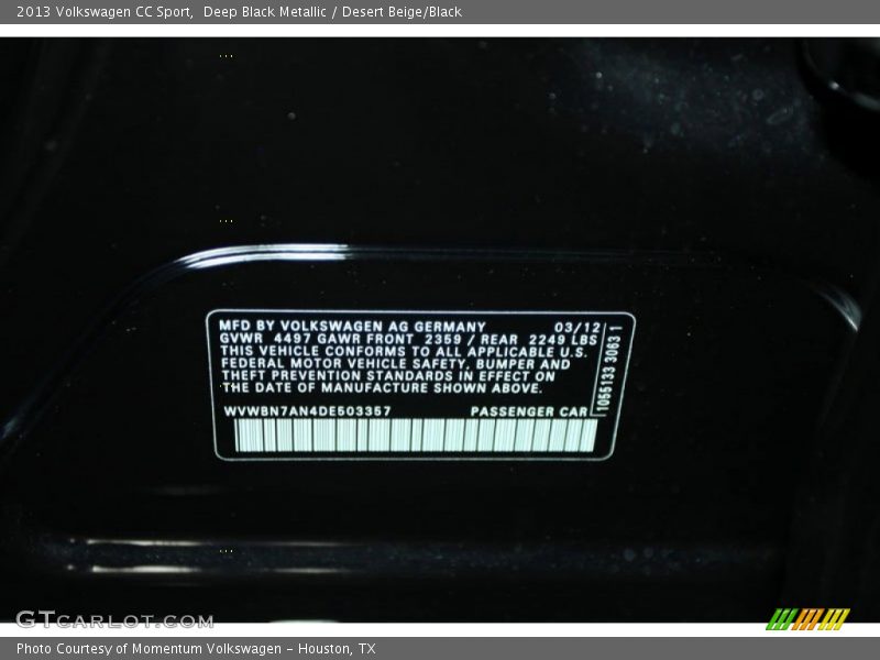 Deep Black Metallic / Desert Beige/Black 2013 Volkswagen CC Sport