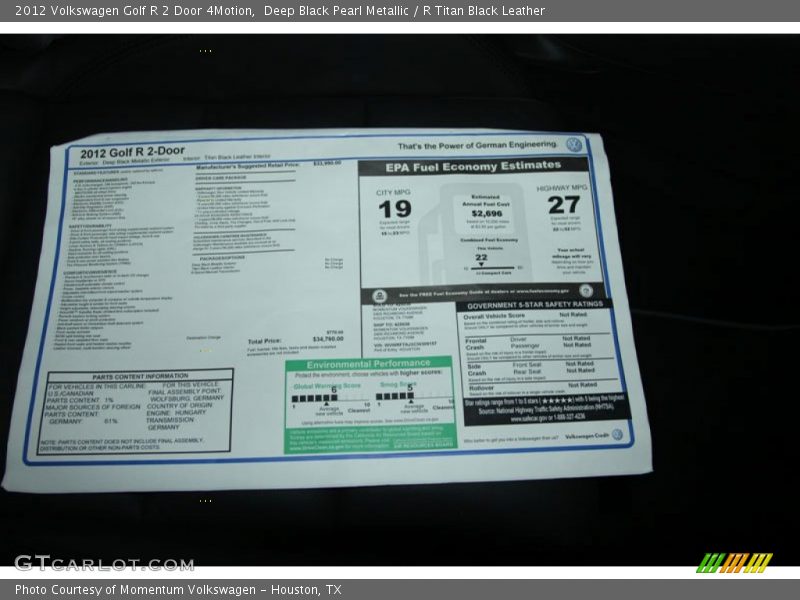  2012 Golf R 2 Door 4Motion Window Sticker