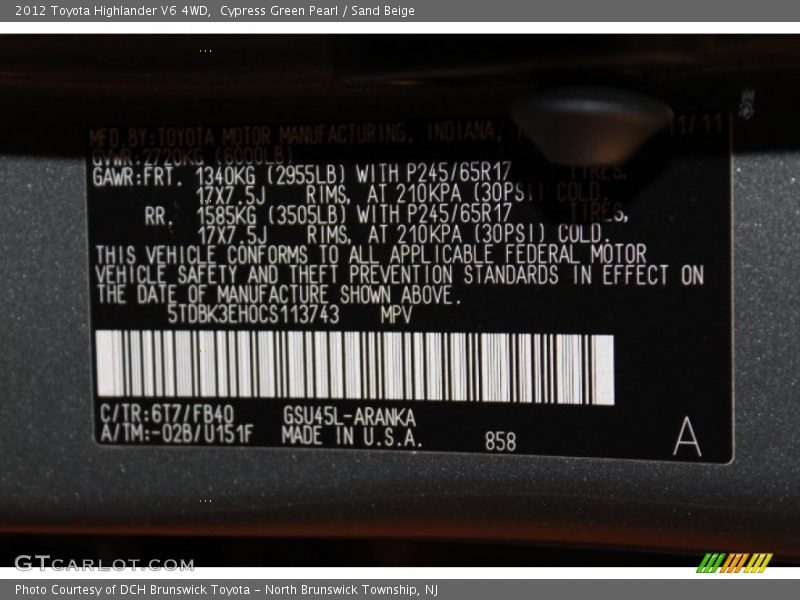 Cypress Green Pearl / Sand Beige 2012 Toyota Highlander V6 4WD