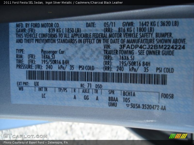2011 Fiesta SEL Sedan Ingot Silver Metallic Color Code UX