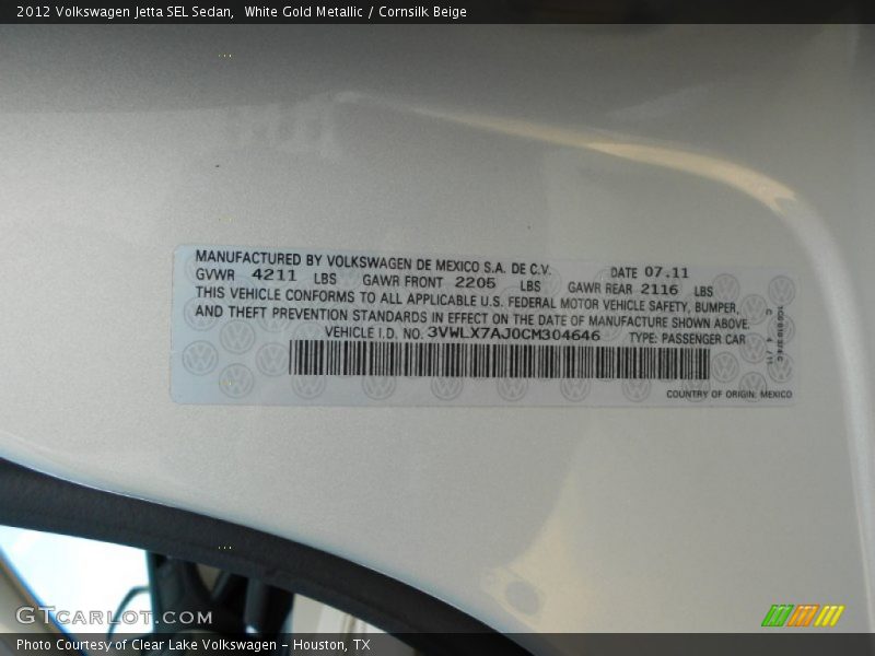 White Gold Metallic / Cornsilk Beige 2012 Volkswagen Jetta SEL Sedan
