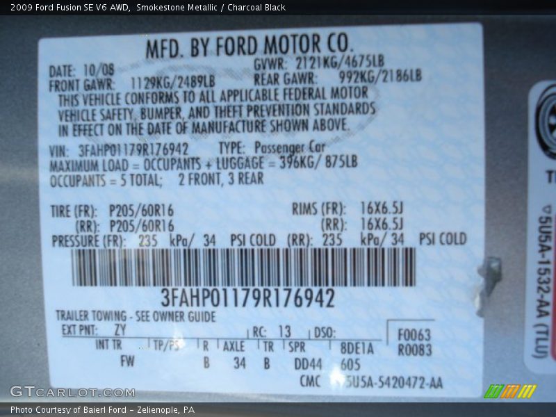 Smokestone Metallic / Charcoal Black 2009 Ford Fusion SE V6 AWD