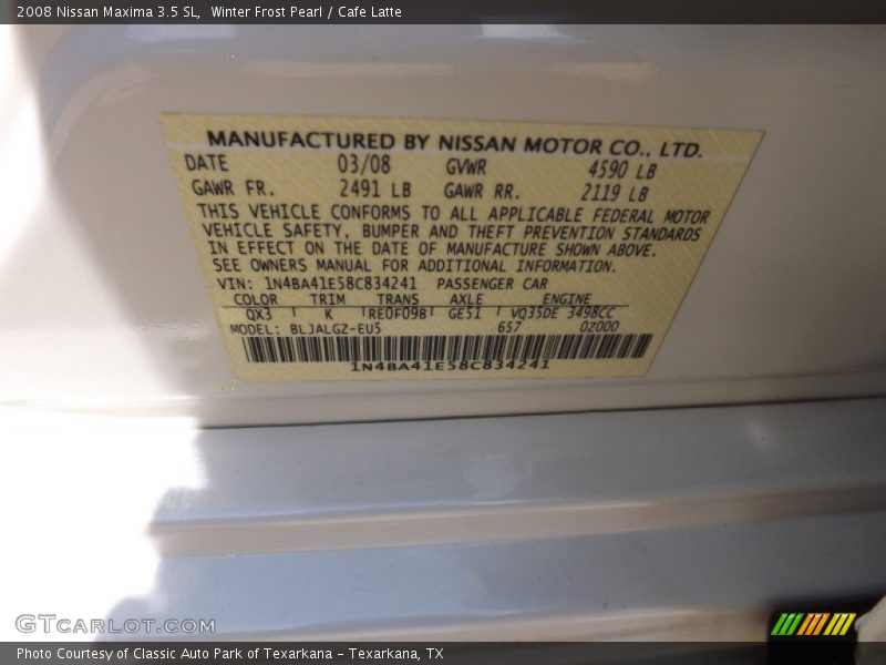 Winter Frost Pearl / Cafe Latte 2008 Nissan Maxima 3.5 SL