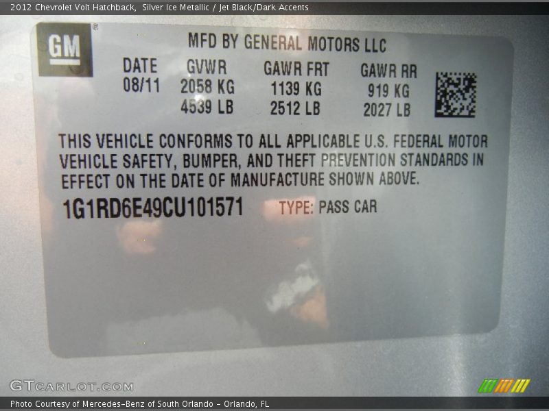 Info Tag of 2012 Volt Hatchback