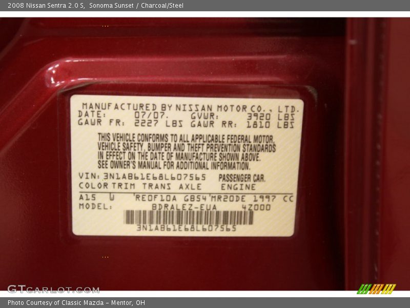 Sonoma Sunset / Charcoal/Steel 2008 Nissan Sentra 2.0 S