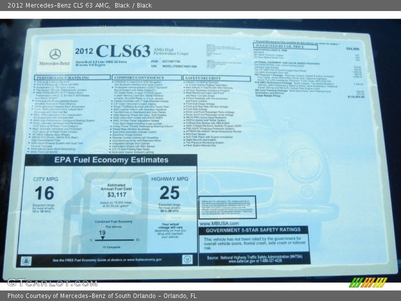  2012 CLS 63 AMG Window Sticker