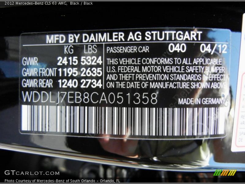 2012 CLS 63 AMG Black Color Code 040