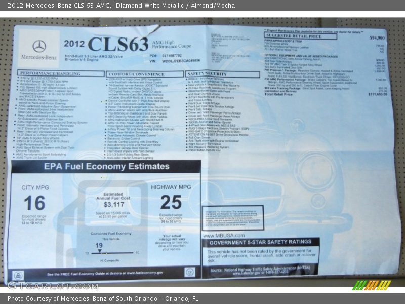  2012 CLS 63 AMG Window Sticker
