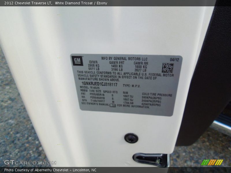White Diamond Tricoat / Ebony 2012 Chevrolet Traverse LT