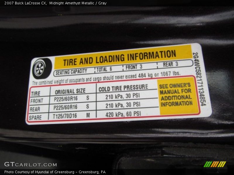 Info Tag of 2007 LaCrosse CX