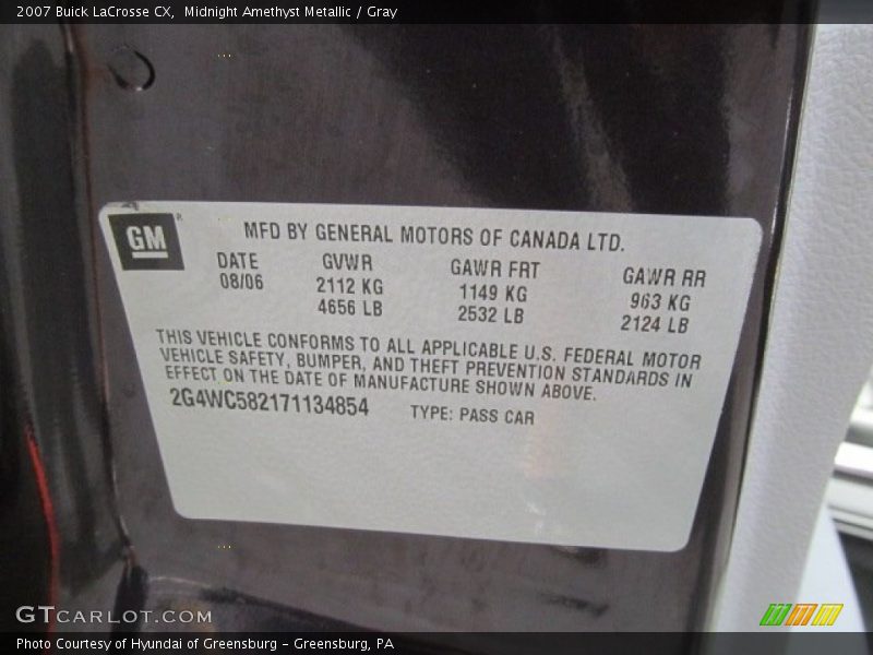 Info Tag of 2007 LaCrosse CX