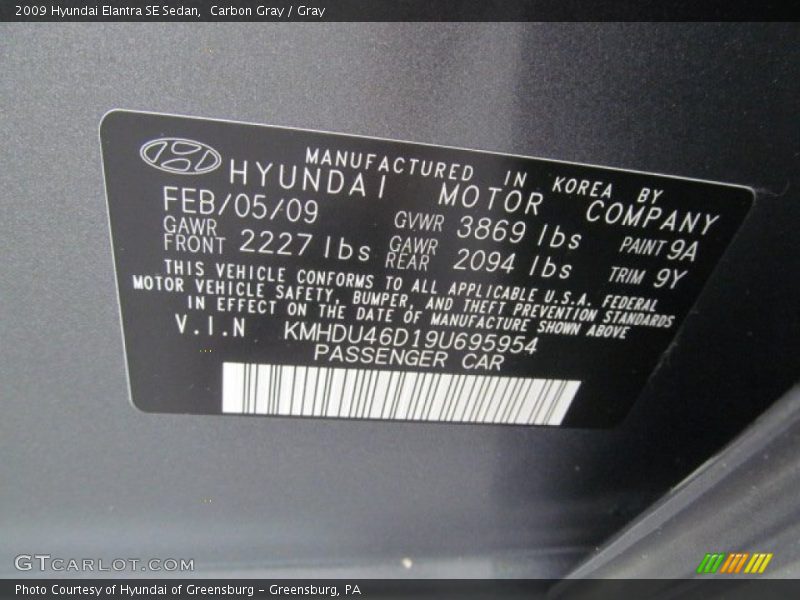 Carbon Gray / Gray 2009 Hyundai Elantra SE Sedan