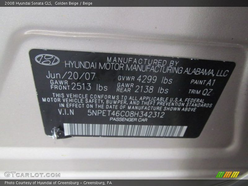 Golden Beige / Beige 2008 Hyundai Sonata GLS