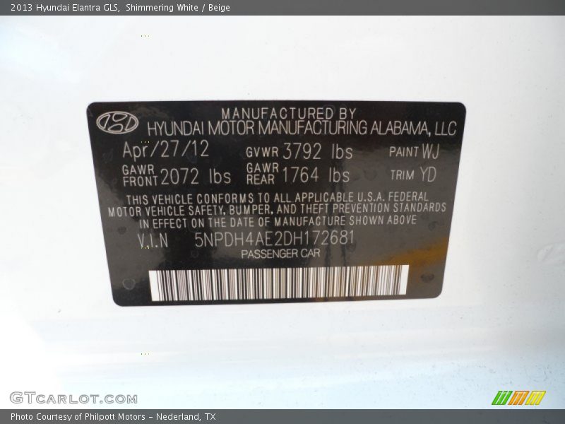 Shimmering White / Beige 2013 Hyundai Elantra GLS