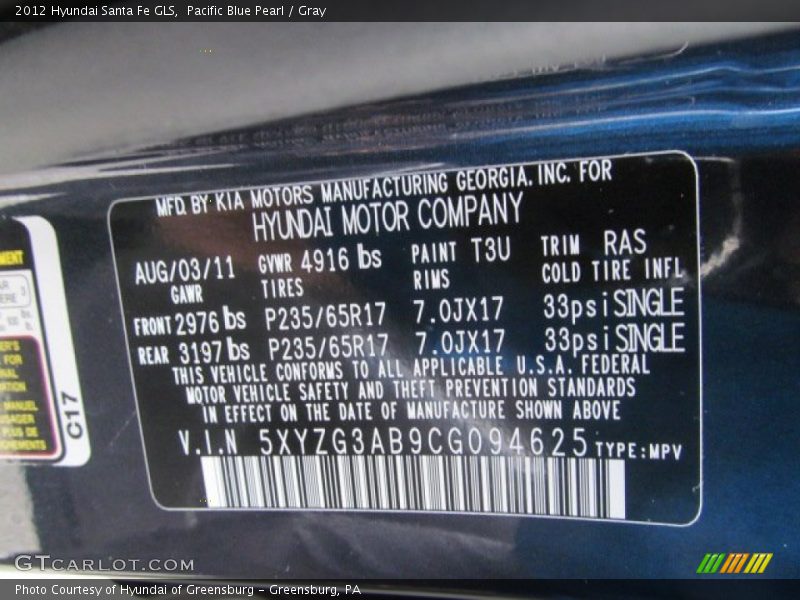 Pacific Blue Pearl / Gray 2012 Hyundai Santa Fe GLS