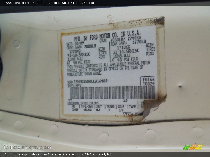 1990 Bronco XLT 4x4 Colonial White Color Code YY