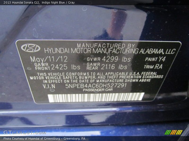 Indigo Night Blue / Gray 2013 Hyundai Sonata GLS