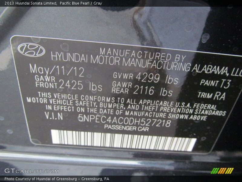Pacific Blue Pearl / Gray 2013 Hyundai Sonata Limited