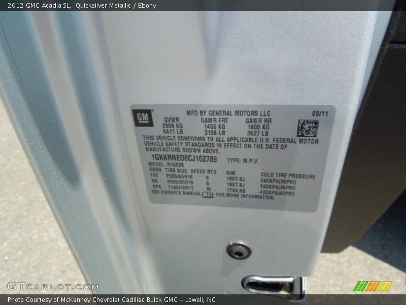 Quicksilver Metallic / Ebony 2012 GMC Acadia SL