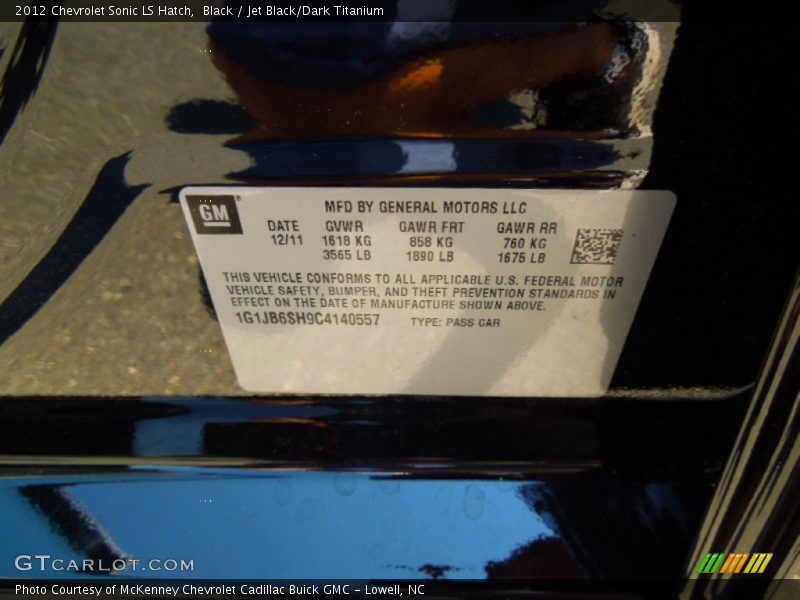Black / Jet Black/Dark Titanium 2012 Chevrolet Sonic LS Hatch