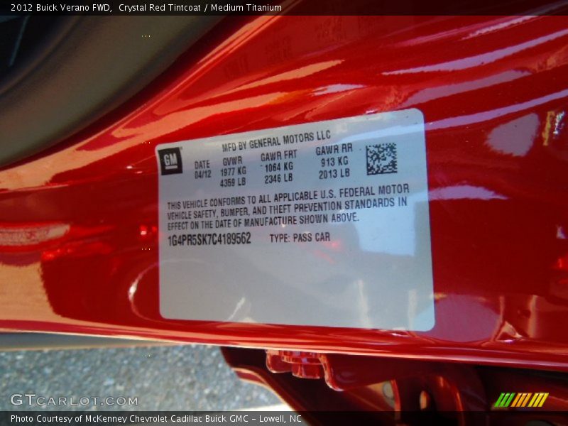 Crystal Red Tintcoat / Medium Titanium 2012 Buick Verano FWD