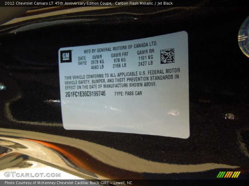 Carbon Flash Metallic / Jet Black 2012 Chevrolet Camaro LT 45th Anniversary Edition Coupe