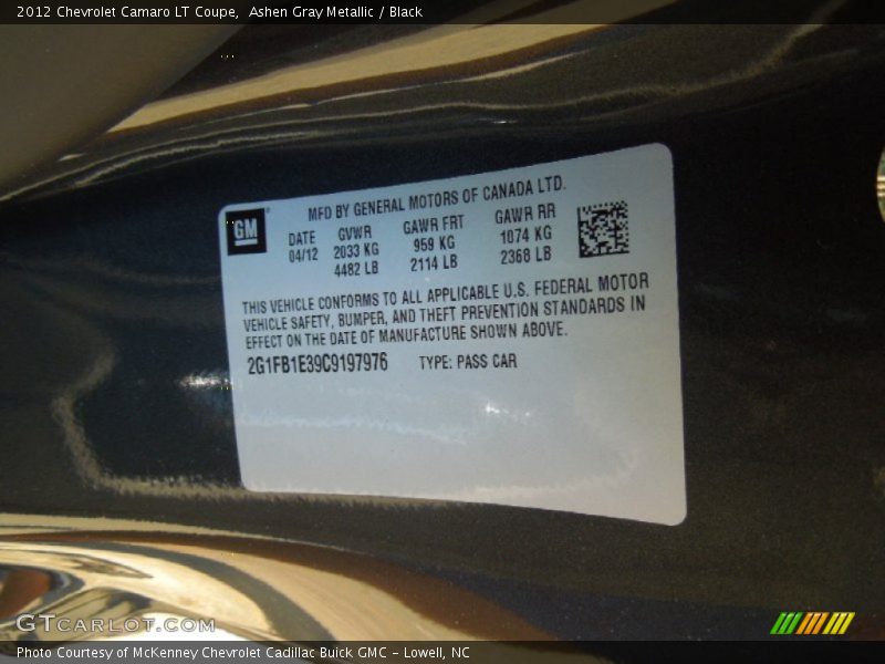 Ashen Gray Metallic / Black 2012 Chevrolet Camaro LT Coupe