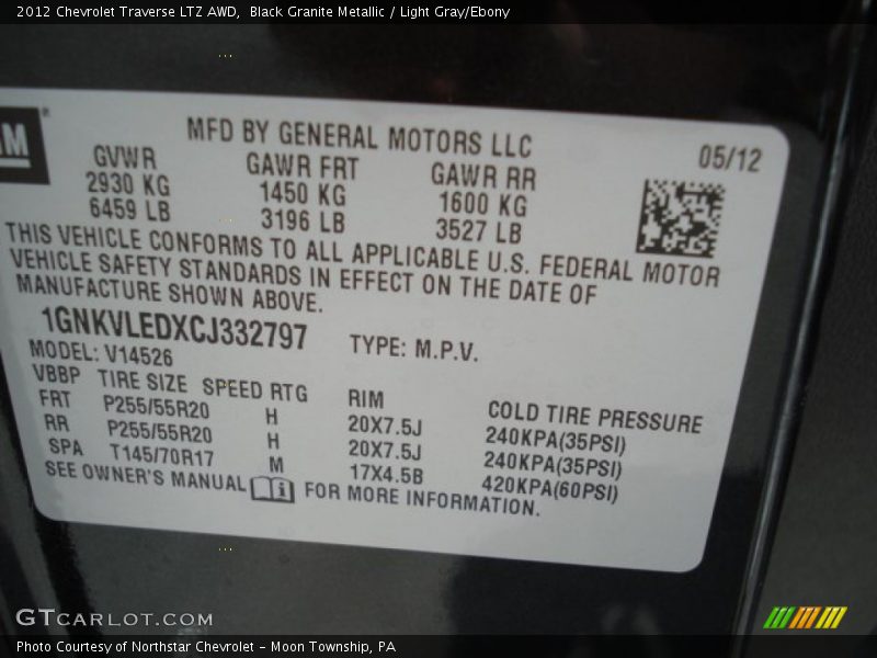 Black Granite Metallic / Light Gray/Ebony 2012 Chevrolet Traverse LTZ AWD