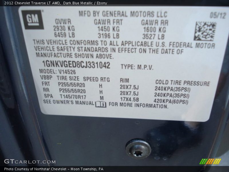 Dark Blue Metallic / Ebony 2012 Chevrolet Traverse LT AWD