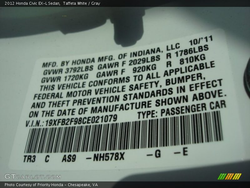 Taffeta White / Gray 2012 Honda Civic EX-L Sedan