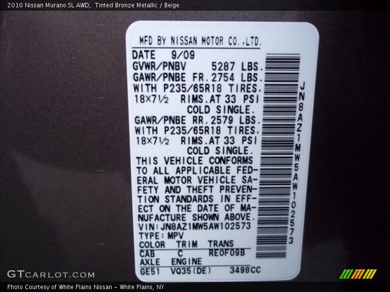 Tinted Bronze Metallic / Beige 2010 Nissan Murano SL AWD