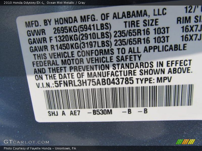Ocean Mist Metallic / Gray 2010 Honda Odyssey EX-L