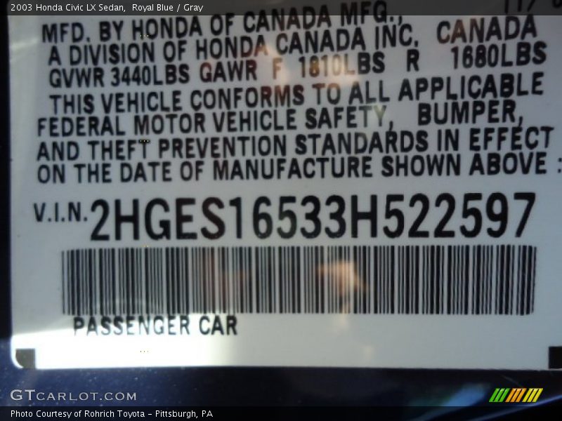 Royal Blue / Gray 2003 Honda Civic LX Sedan