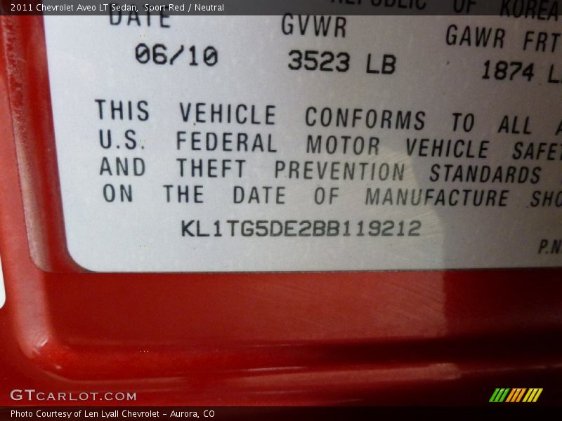 Sport Red / Neutral 2011 Chevrolet Aveo LT Sedan