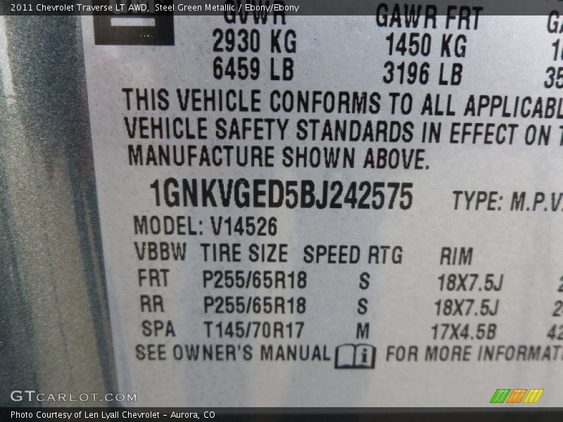 Steel Green Metallic / Ebony/Ebony 2011 Chevrolet Traverse LT AWD