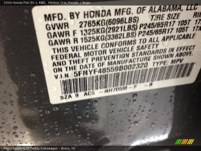 Nimbus Gray Metallic / Beige 2009 Honda Pilot EX-L 4WD