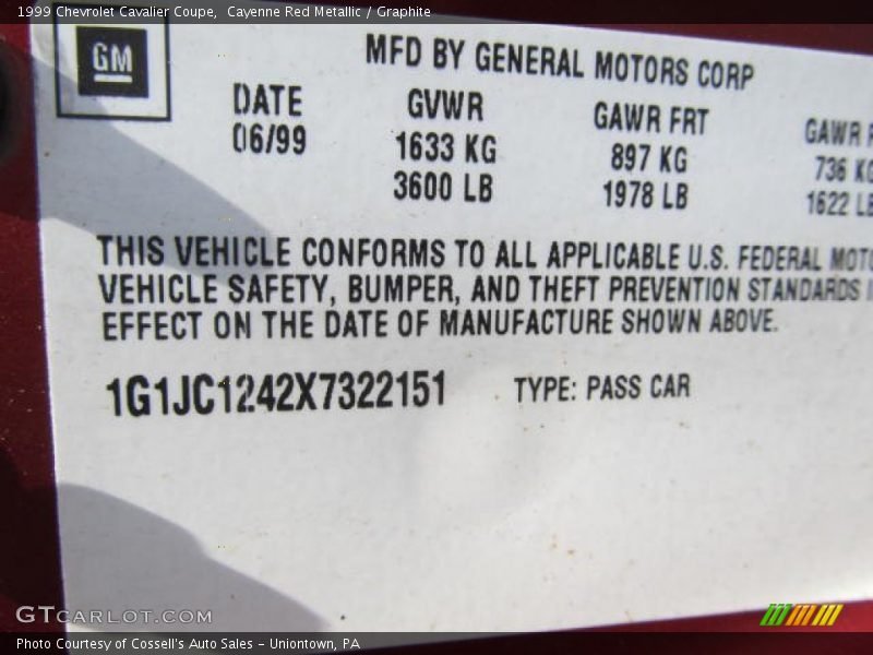Cayenne Red Metallic / Graphite 1999 Chevrolet Cavalier Coupe