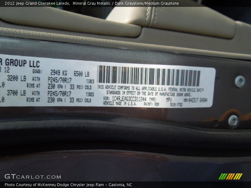 Mineral Gray Metallic / Dark Graystone/Medium Graystone 2012 Jeep Grand Cherokee Laredo