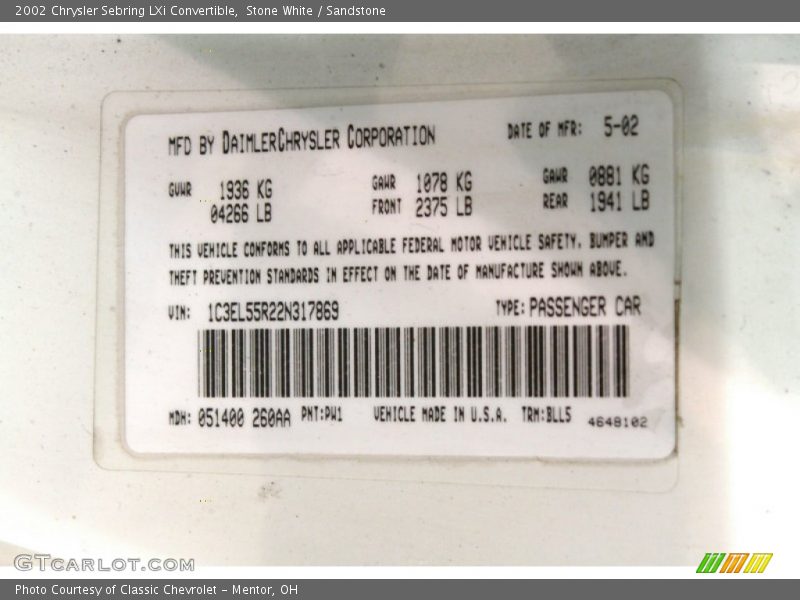 2002 Sebring LXi Convertible Stone White Color Code PW1
