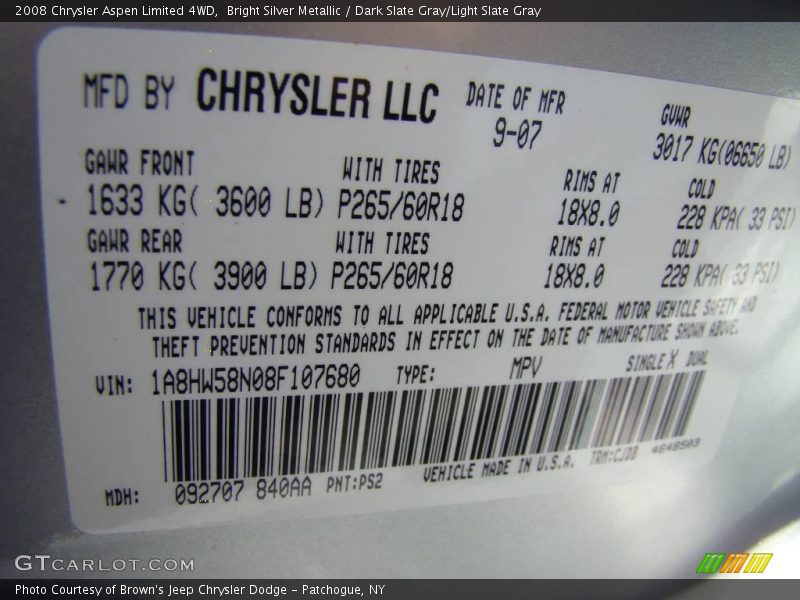 Bright Silver Metallic / Dark Slate Gray/Light Slate Gray 2008 Chrysler Aspen Limited 4WD