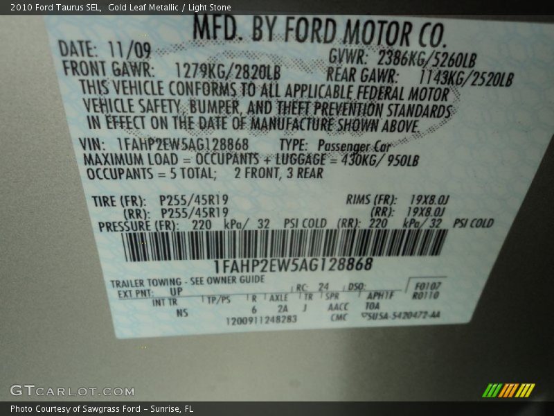 Gold Leaf Metallic / Light Stone 2010 Ford Taurus SEL