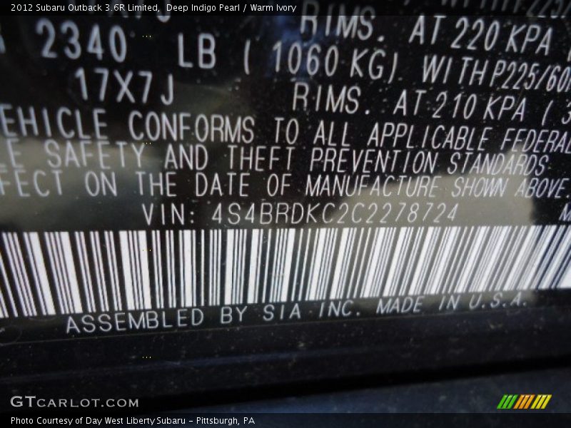 Deep Indigo Pearl / Warm Ivory 2012 Subaru Outback 3.6R Limited