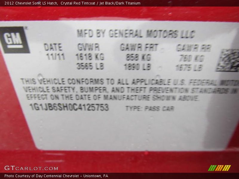 Crystal Red Tintcoat / Jet Black/Dark Titanium 2012 Chevrolet Sonic LS Hatch