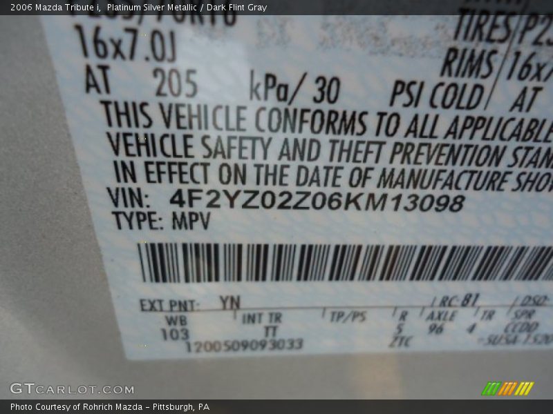 Platinum Silver Metallic / Dark Flint Gray 2006 Mazda Tribute i