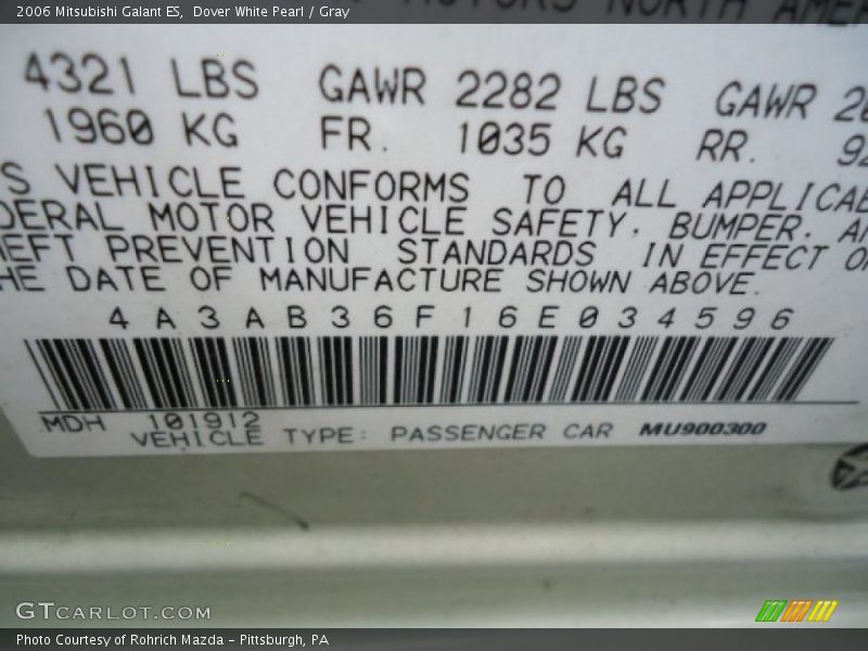 Dover White Pearl / Gray 2006 Mitsubishi Galant ES