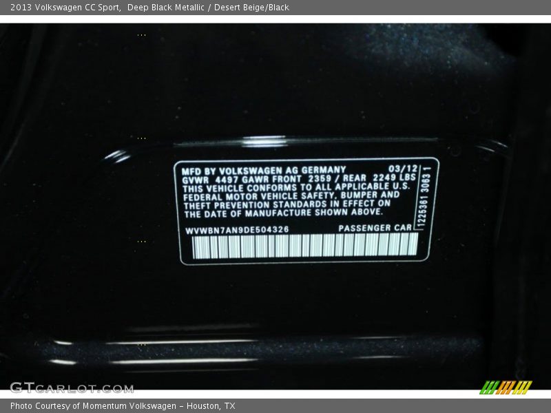 Deep Black Metallic / Desert Beige/Black 2013 Volkswagen CC Sport